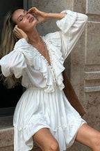 Chiffon V Neck Flared Sleeve Mini Dress