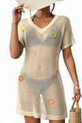 Floral-decorated V-neck Short-sleeved Crochet Cover-up Vacation Mini Dress