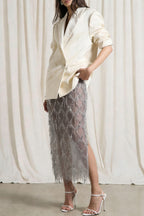 Fashionable Mesh See-through Sequined Tassel Midi Skirt