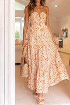 Multi-Color Floral Halter Backless Tiered Maxi Dress