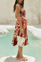 Unique Printed Floral Trim Suspender Side Tie Vacation Midi Dress