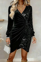 Fashionable Velvet Sequined V-neck Long-sleeved Slim-fit Mini Dress