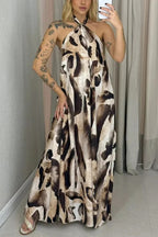 Leopard Print Sexy Halter Neck Backless Loose Maxi Dress