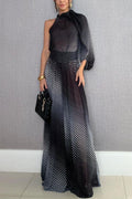 Gradient Polka Dot Print High-Neck Asymmetrical Balloon Sleeve Top and High Rise Wide Leg Pants Set