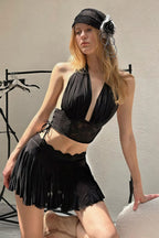 Solid Lace Deep V Slim Halter Skirt Set