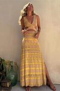 Print Slim Sleeveless V Neck Hollow Out Maxi Dress