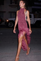 Feather Panel Halter Asymmetrical Graduation Party Dress