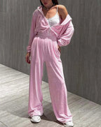 Pink Knitting Zipper Straight Trousers Office Two Piece Set