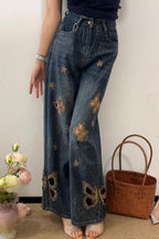 Heavy Embroidery Rhinestone Cutout High Waist Jeans