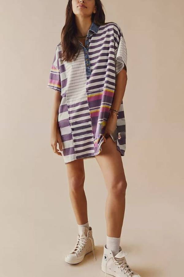 Tatiana Effortless Casual Dress with Mediumength Sleeves, Lapels and Contrasting Stripes Premium Wardrobe Essential