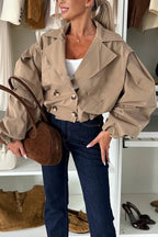 Fashion Style Button Long Balloon Sleeve Pocket Lapel Casual Bomber Jacket