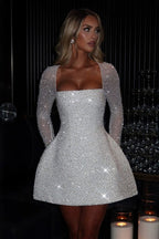 Luxury Sequin Long-Sleeve A-Line Bow Backless Mini Sequin Dress