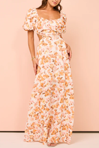 Elastic puff sleeves pleated waist back hollow sweet long skirt