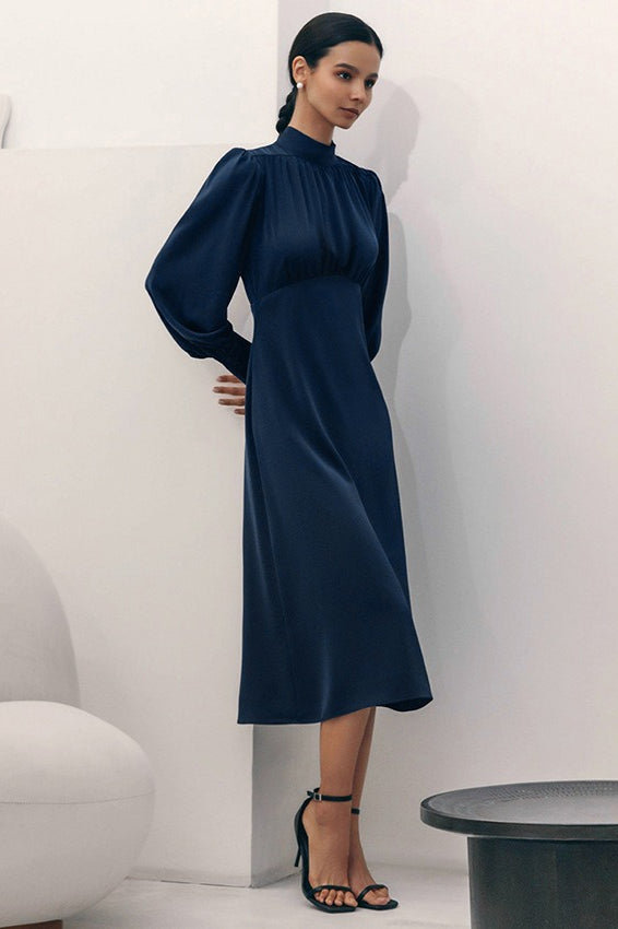 High Neck Long Sleeve A Line Midi Dress