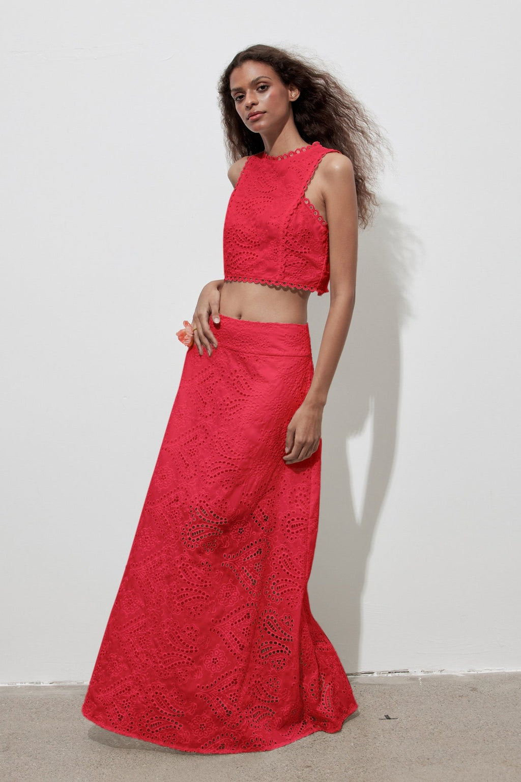 Cutout Allover Embroidered Maxi Skirt