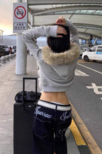 Y2K Flag Print Fur Paneled Casual Hoodie