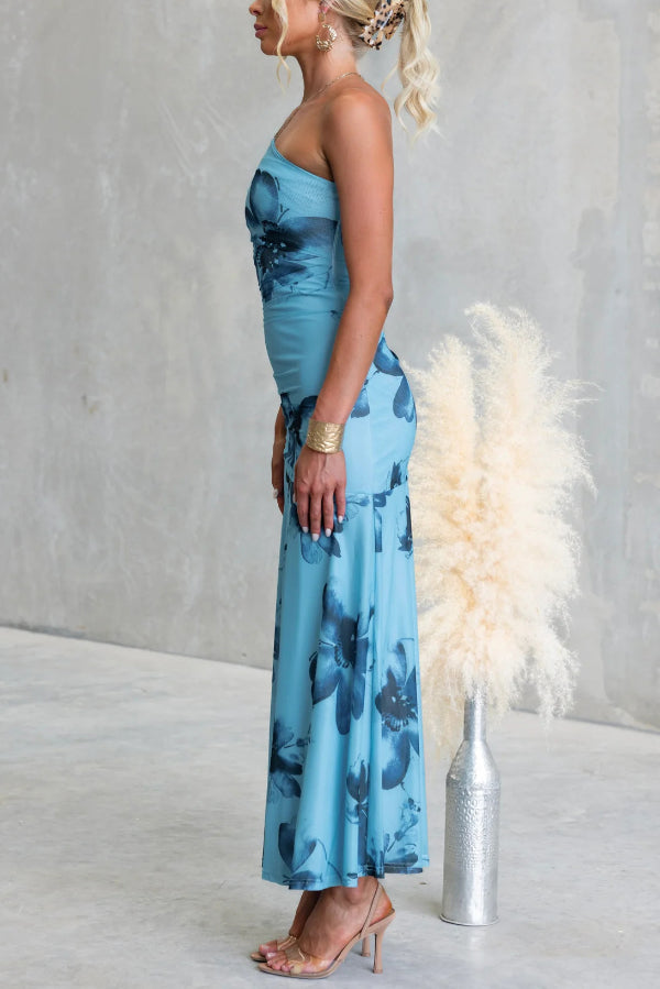 Floral Print Elegant Mesh Off-shoulder Fitted Maxi Dress