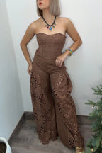 Lily Embroidered Cutout Lace Back Lace-up Tank and High Rise Wide Leg Pants Set
