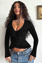 Ruffled Tie Front V Neck Cinched Asymmetric Long Sleeve Tee