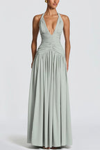 Amaris Halter Tie-up V-neck Ruched Detail Back Lace-up Slit Drape Maxi Dress