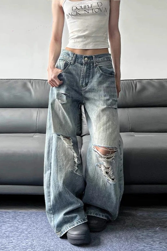 High Waist Ripped WideLeg Jeans