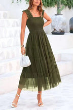 Square Neck Sleeveless Ruffle Tiered Midi Dress