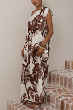 Botanical Print Sleeveless One-shoulder Casual Vacation Maxi Dress