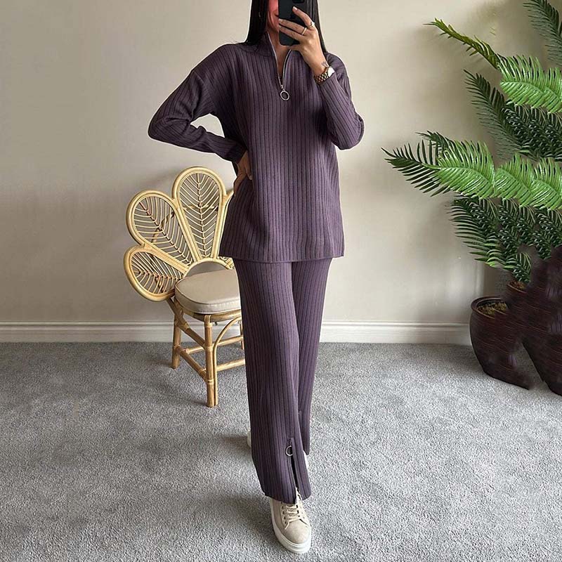 Cozy Ribbed Knit with Slit-Leg Pants(Two-Piece Set)