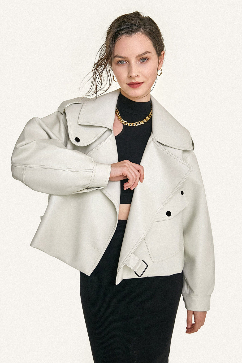Beige Vegan Leather Pocket Detail Biker Jacket