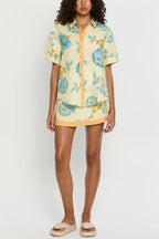 Giselle Linen Blend Floral Print Short Sleeve Shirt and Zipper Mini Skirt Set