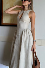 City Cutie Linen Blend Button Cutout Neck Umbrella Hem Midi Dress