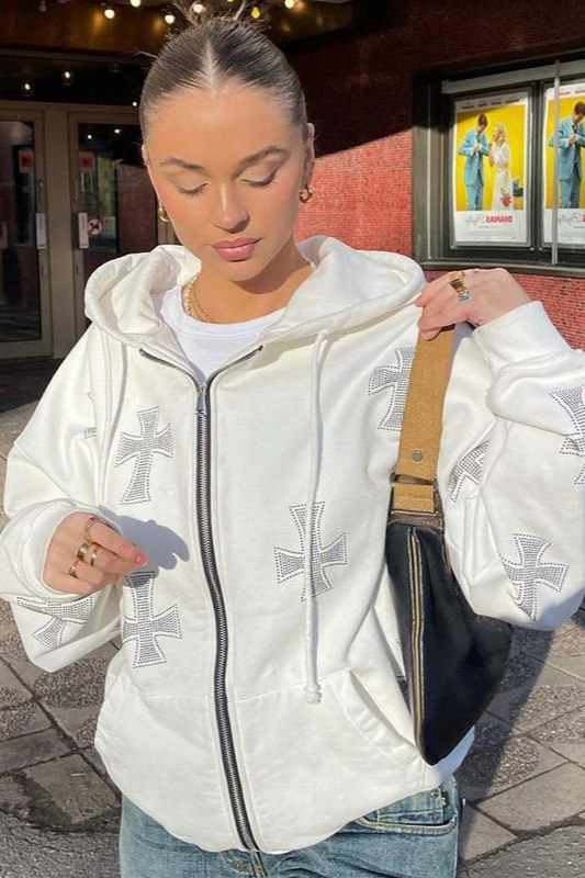 Cross Rhinestone FullZip Loose Hoodie