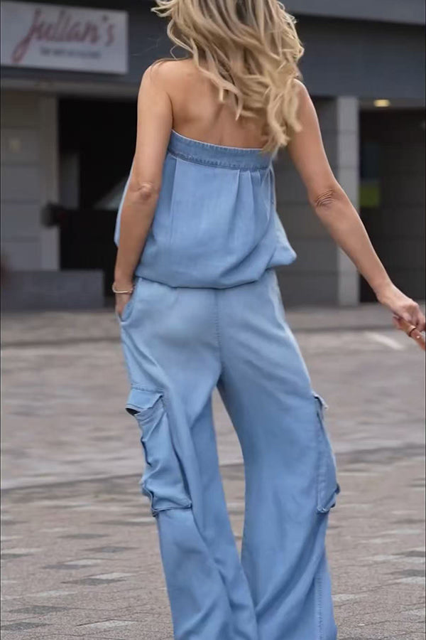 Winnie Denim Off Shoulder Stretch Bustier Bubble Tank Top