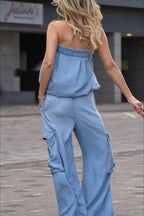 Winnie Denim Mid Rise Elastic Waist Flap Pockets Wide Leg Cargo Pants