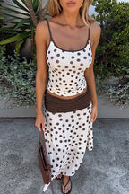 Polka Dot Sleeveless Crop Top High Waist Contrast Skirt Set