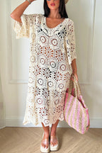 Fashionable Openwork Crochet Loose Round Neck Casual Midi Dress