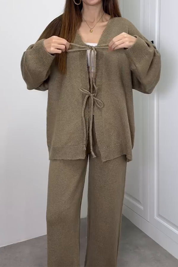 Solid Color V-neck Tie Long-sleeved Loose Knit Cardigan and Elastic Waist Casual Straight Leg Pants Set