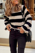 Black and white wide striped high-neck loose knit sweater