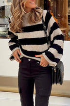 Black and white wide striped high-neck loose knit sweater