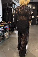 Mix Fashion Lace Striped Trim Short Sleeve Button Shirt and Elastic Waist Pocket Loose Pants Set