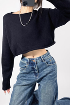 Round Neck Solid Color Loose Casual Long Sleeve Super Short Knitted Sweater