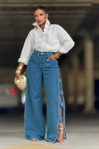 Hand Embroidered 3D Flower Cutout Side Slit Jeans