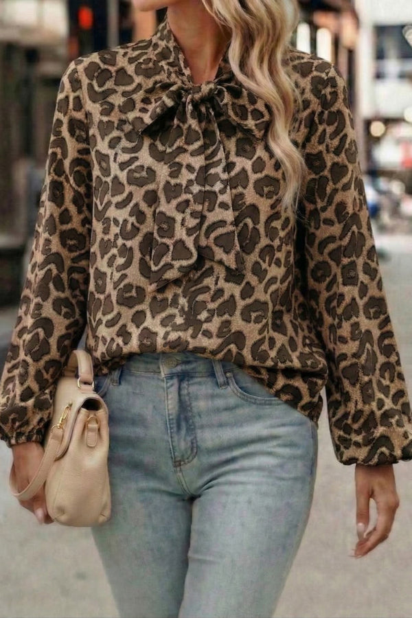Leopard Print Bow Collar Long-sleeved Loose Shirt