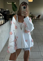 Blush Bloom - 3D Floral Knit Cardigan with V-Neck