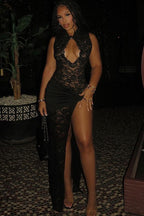 Sexy Lace Paneled Cut Out Ruched High Slit Bodycon Dress
