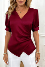 Solid Color Satin V-neck Short-sleeved Casual Top