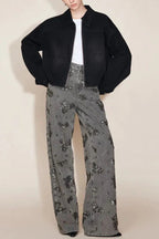 Jhenie Denim Beaded Sequin Floral Pattern Mid Rise Pocket Wide Leg Jeans