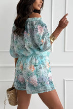 Fiorito Chiffon Floral Print Off Shoulder Top and Elastic Waist Tie-up Loose Shorts Set