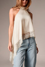 Solid Color Satin Sleeveless Lace Hem Loose Top