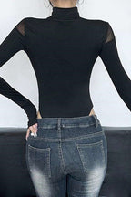 Asymmetrical Cutout Mesh Turtleneck Slim Bodysuit